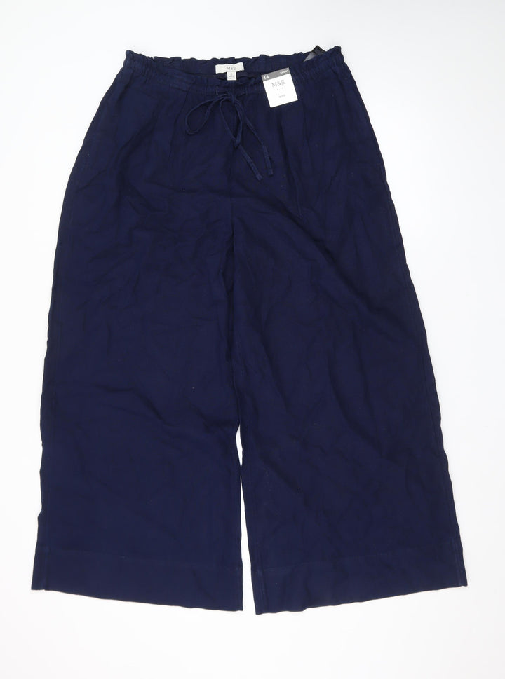Marks and Spencer Womens Blue Linen Blend Wide Leg Cropped Trousers Size 14