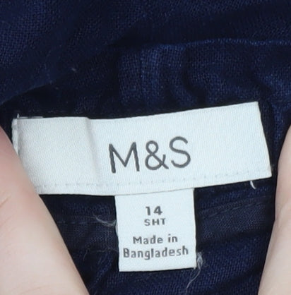 Marks and Spencer Womens Blue Linen Blend Wide Leg Cropped Trousers Size 14