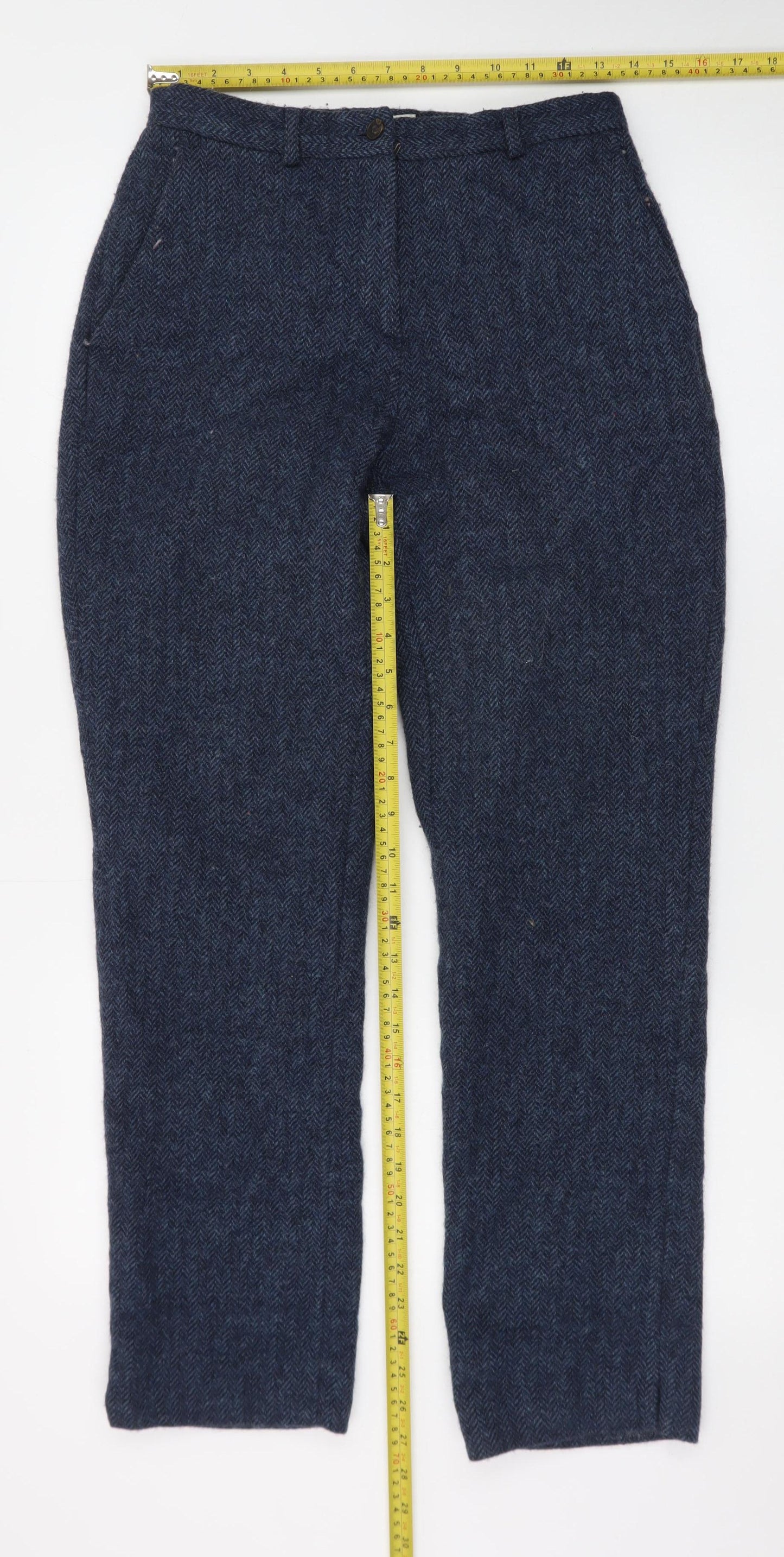 House of Bruar Women's Blue Wool Herringbone Tweed Straight Trousers Size 10