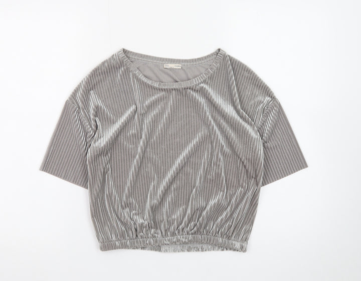 Zara Women Grey Velvet Cropped Blouse M Relaxed Fit