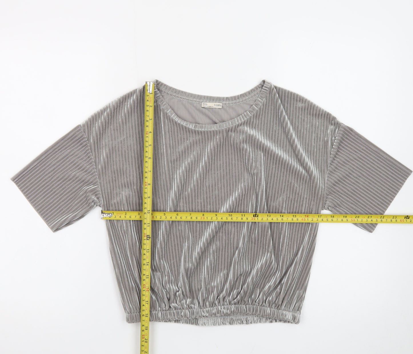 Zara Women Grey Velvet Cropped Blouse M Relaxed Fit