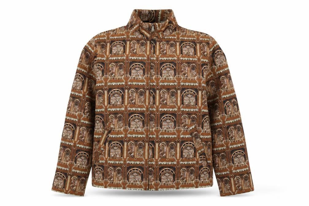 Front view of Chico’s Women Brown Architectural Print Silk Blend Suit Jacket, size M