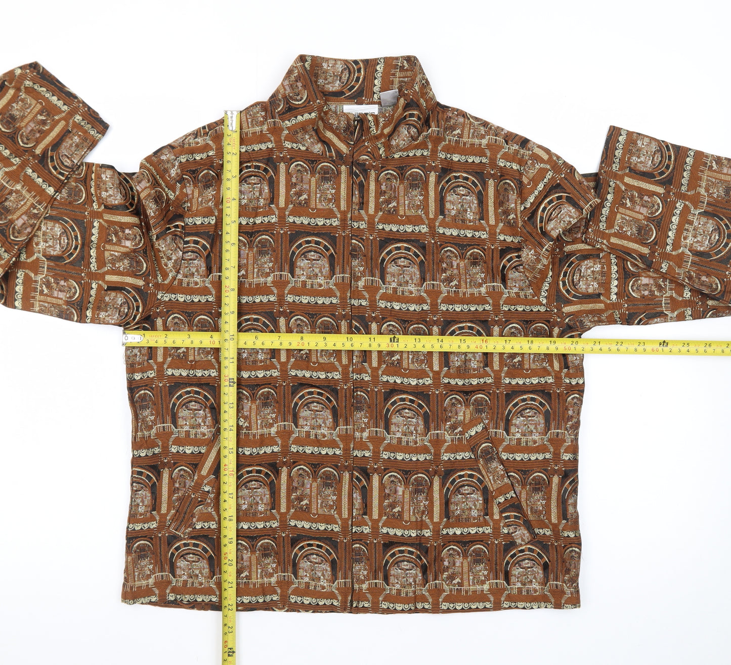 Chico’s Women Brown Architectural Print Silk Blend Suit Jacket Size M