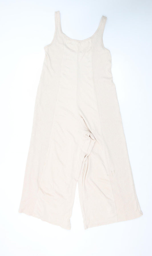 Gilly Hicks Women Beige Ribbed Jumpsuit Small Sleeveless Wide-Leg