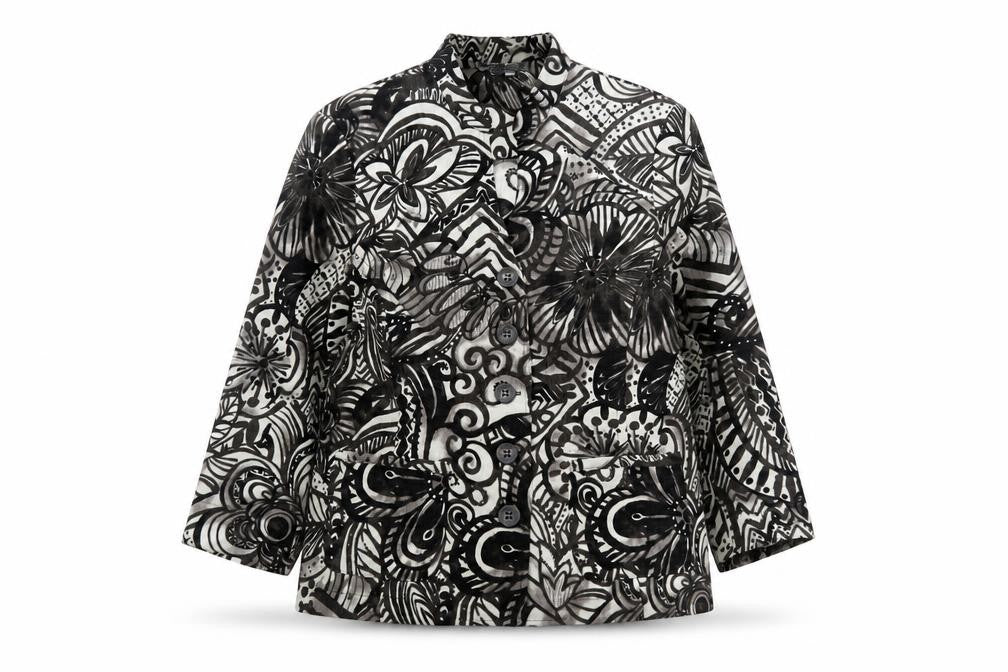 Front view of Lanalee Women Black Beige Floral Abstract Blazer, size M, Regular Fit