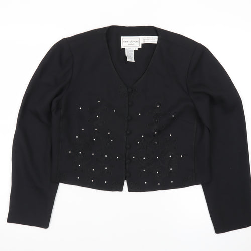 Karin Stevens Women Black Size 10 Petite Embroidered Cardigan