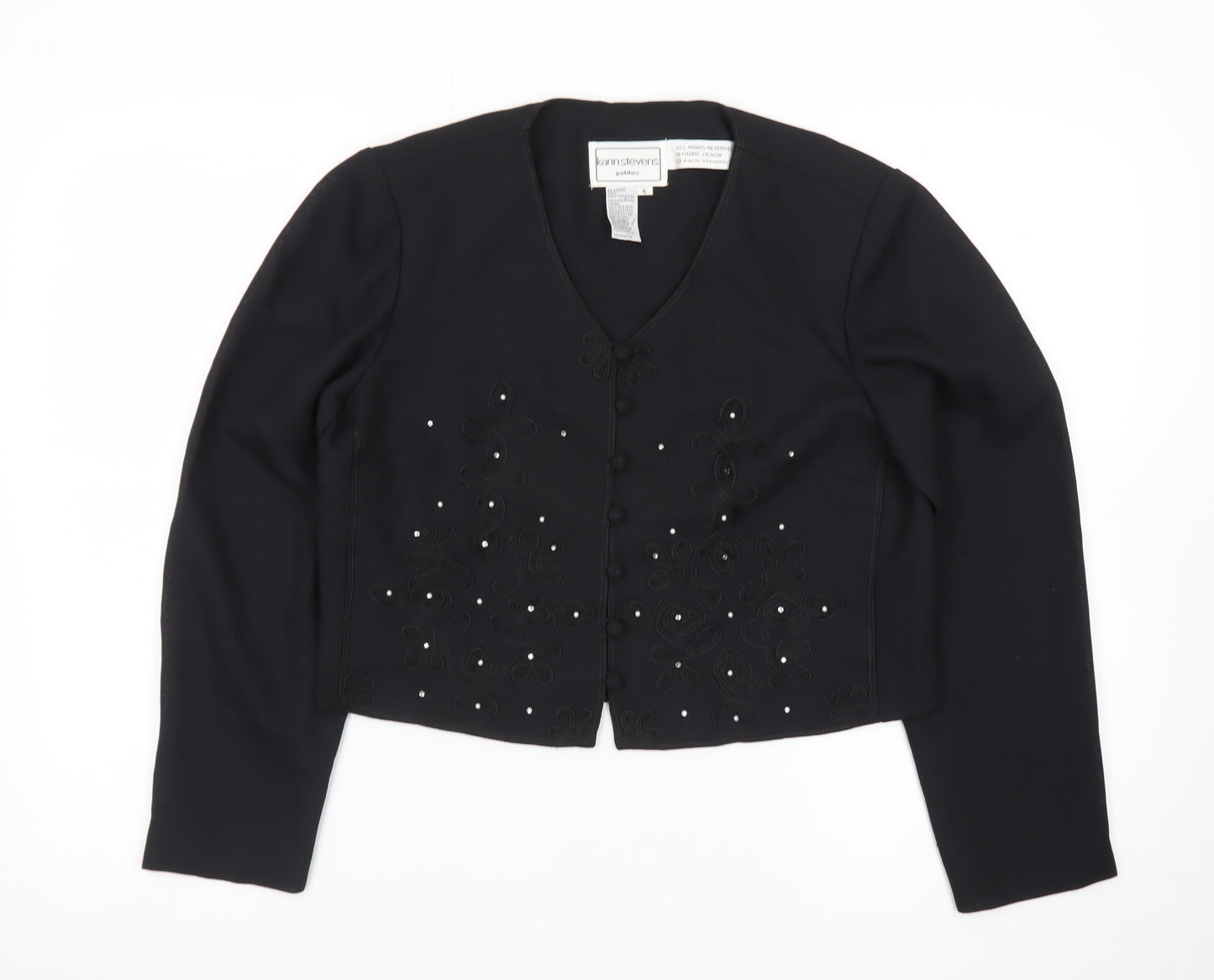 Karin Stevens Women Black Size 10 Petite Embroidered Cardigan