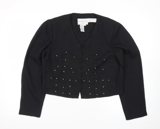 Karin Stevens Women Black Size 10 Petite Embroidered Cardigan