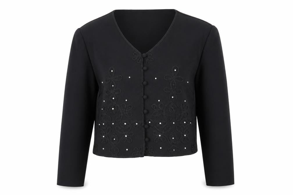 Karin Stevens Women Black Size 10 Petite Embroidered Cardigan
