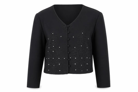 Front view of Karin Stevens Women Black, size 10, Petite Embroidered Cardigan