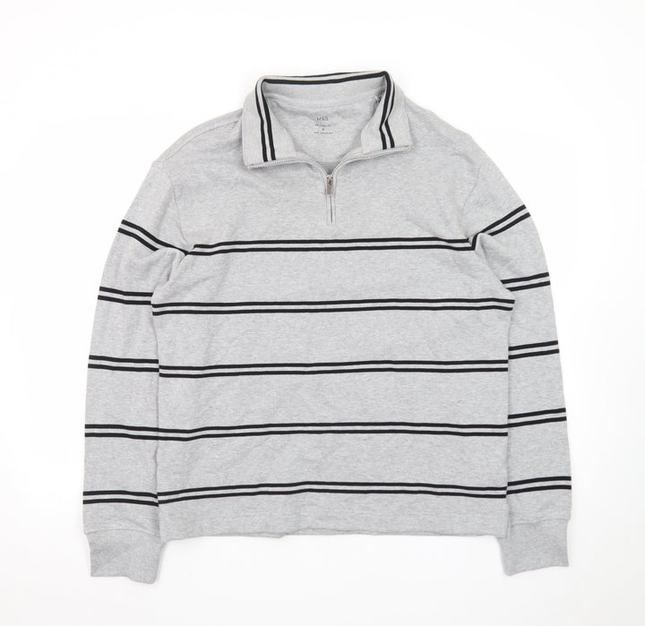 Marks and Spencer Men's Grey Striped 1/4 Zip Cotton Sweatshirt M
