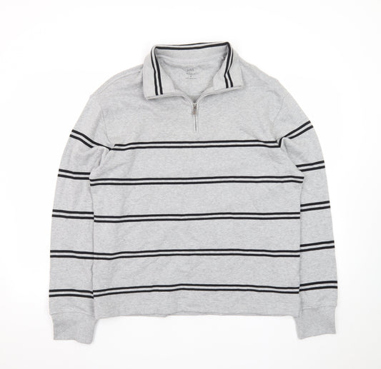 Marks and Spencer Men's Grey Striped 1/4 Zip Cotton Sweatshirt M