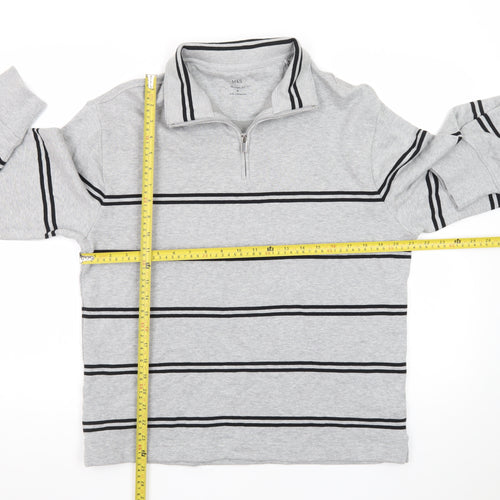 Marks and Spencer Men's Grey Striped 1/4 Zip Cotton Sweatshirt M
