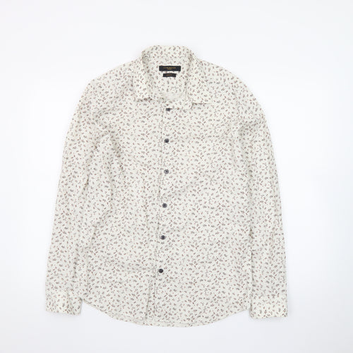 Flying Machine Men's Beige Floral Cotton Long Sleeve Button-Up Shirt M
