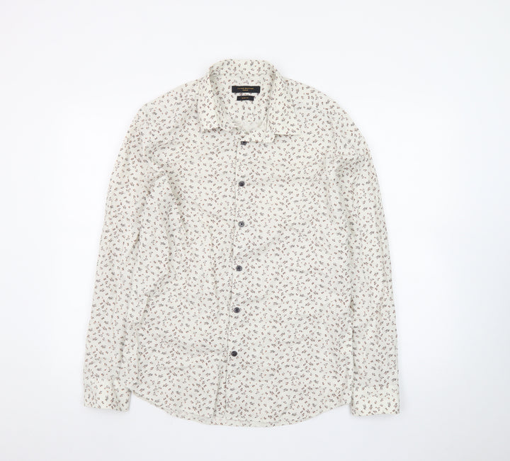 Flying Machine Men's Beige Floral Cotton Long Sleeve Button-Up Shirt M