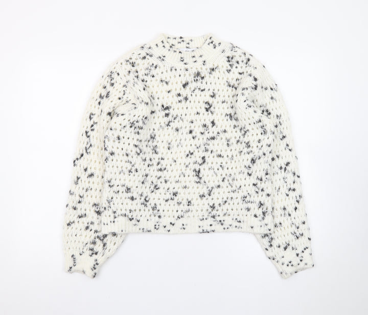 MNG Women’s White Speckled Chunky Knit High Neck Jumper XS