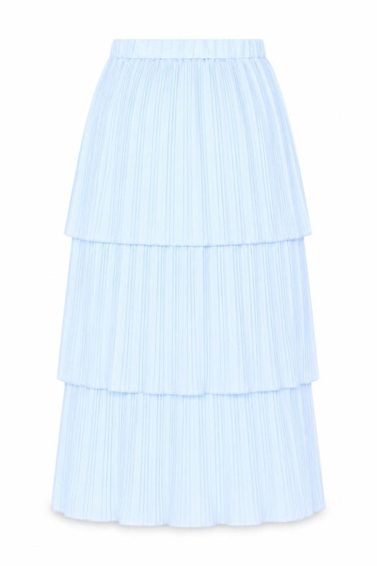Front view of ELLI WHITE women’s blue pleated layered midi skirt s
