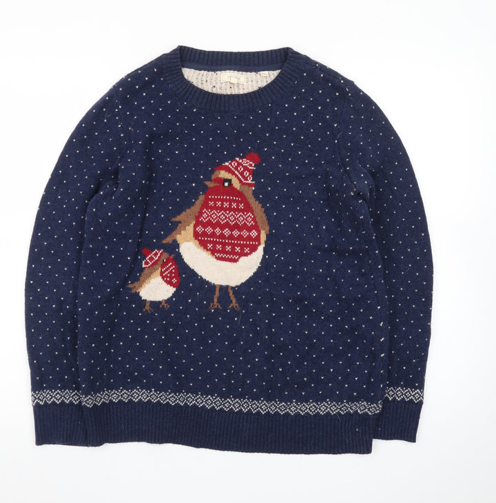 Fat Face Women’s Blue Christmas Robin Wool Cotton Jumper Size 10