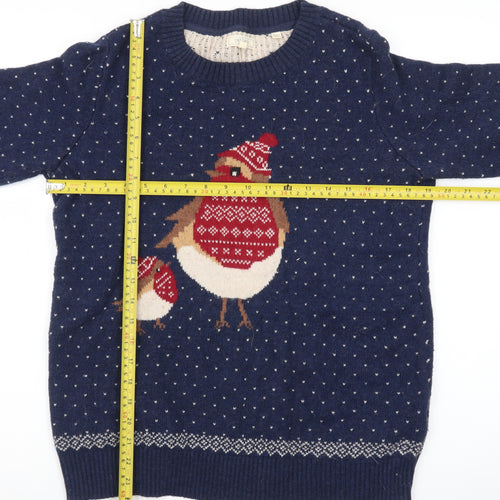 Fat Face Women’s Blue Christmas Robin Wool Cotton Jumper Size 10