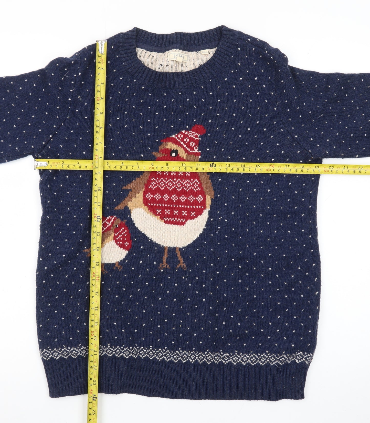 Fat Face Women’s Blue Christmas Robin Wool Cotton Jumper Size 10