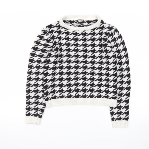 DKNY Women Black & White Houndstooth Crew Neck Jumper Size 12