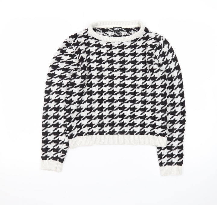 DKNY Women Black & White Houndstooth Crew Neck Jumper Size 12