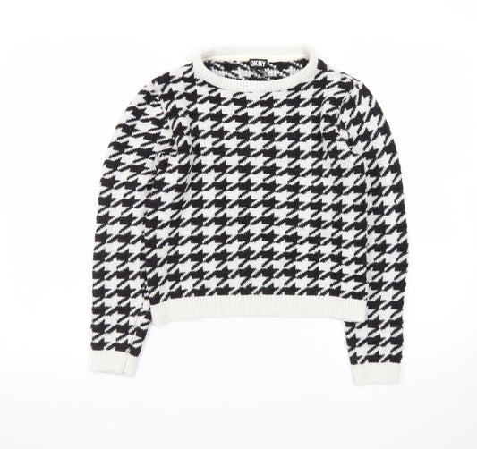 DKNY Women Black & White Houndstooth Crew Neck Jumper Size 12