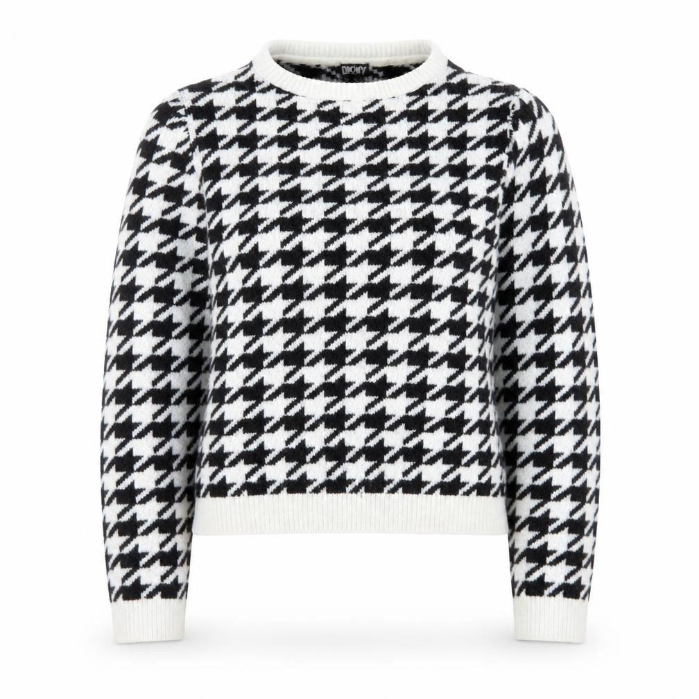 Front view of DKNY Women Black & White Houndstooth Crew Neck Jumper, size 12