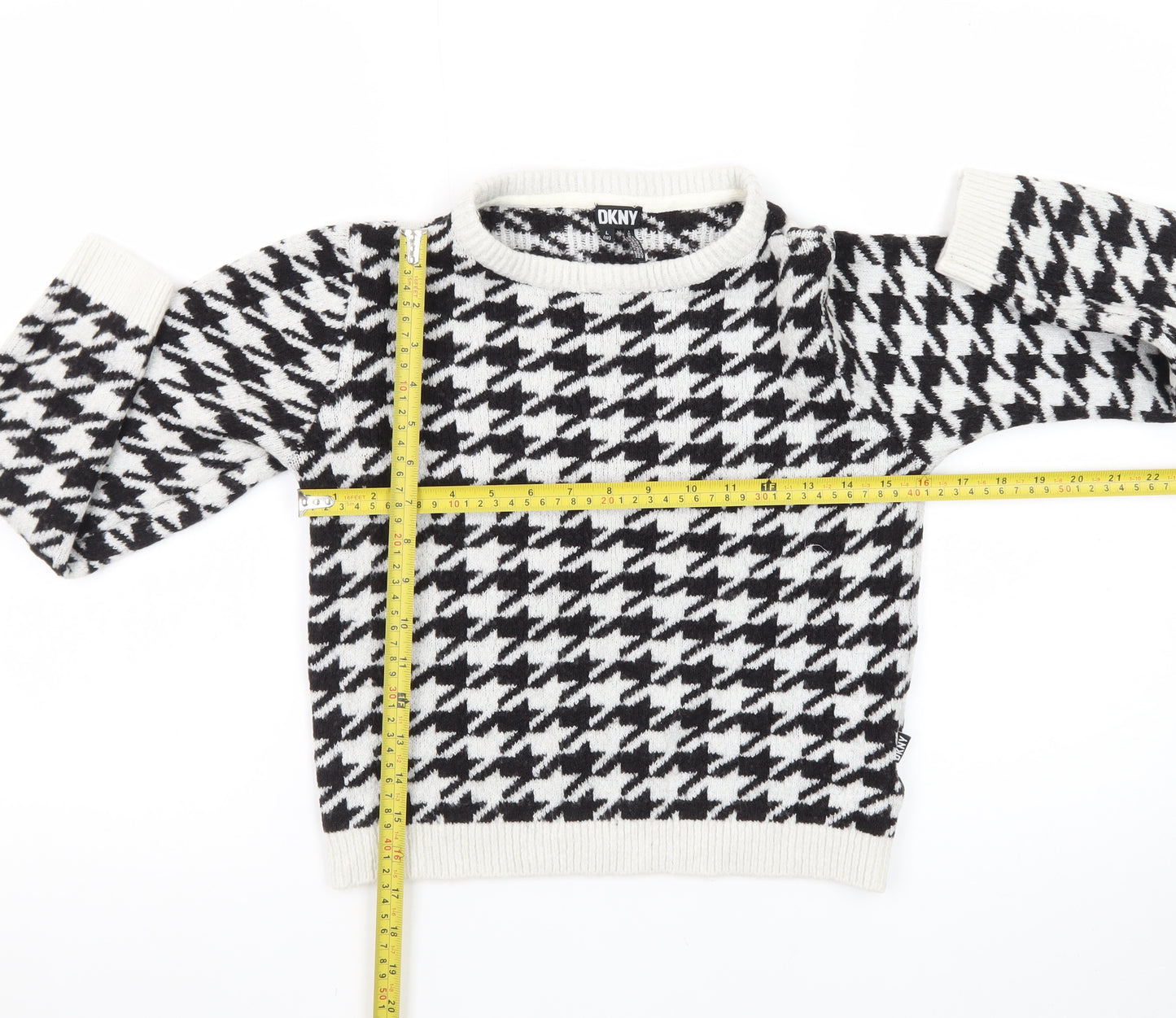 DKNY Women Black & White Houndstooth Crew Neck Jumper Size 12