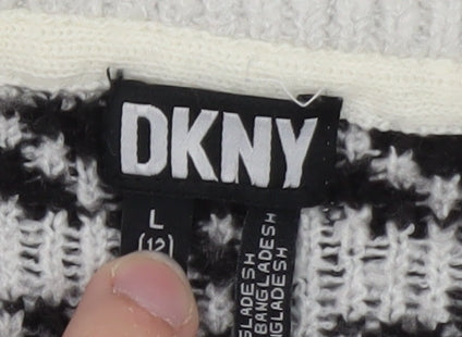 DKNY Women Black & White Houndstooth Crew Neck Jumper Size 12