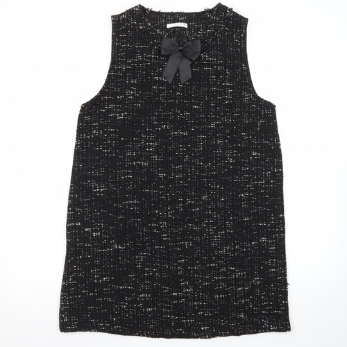 Zara Women Black Tweed Sleeveless Shift Dress L Classic Bow Detail