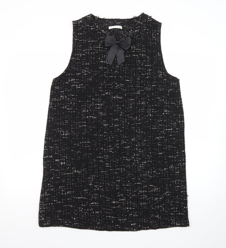 Zara Women Black Tweed Sleeveless Shift Dress L Classic Bow Detail