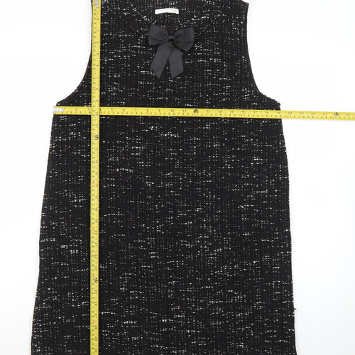 Zara Women Black Tweed Sleeveless Shift Dress L Classic Bow Detail