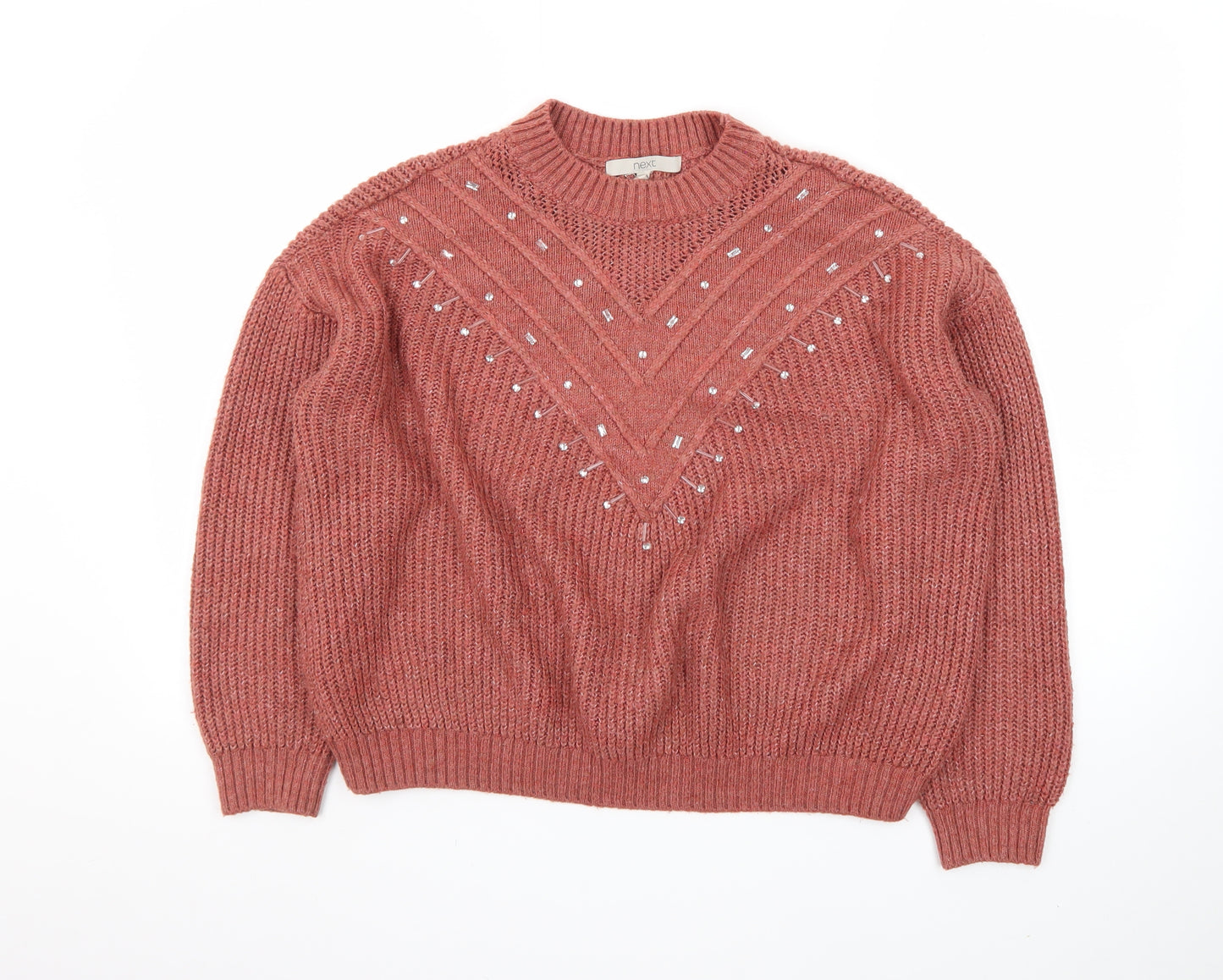 Next Women's Pink Beaded Chunky Knit Pullover Jumper Size M