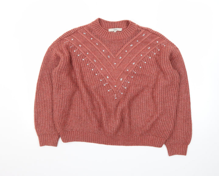 Next Women's Pink Beaded Chunky Knit Pullover Jumper Size M