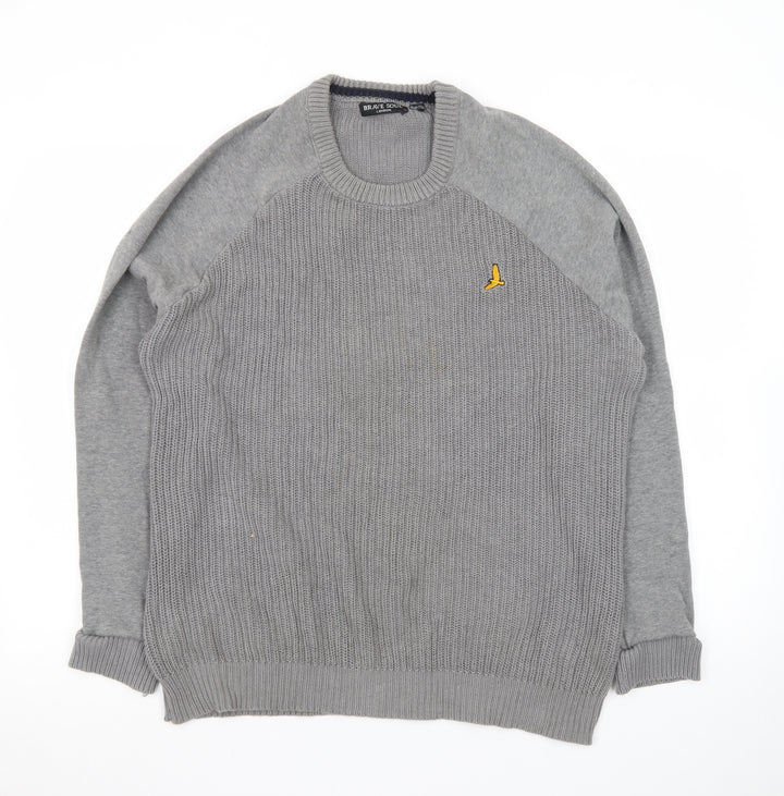 Brave Soul Men Grey Crew Neck Pullover Jumper Size S Cotton Knit