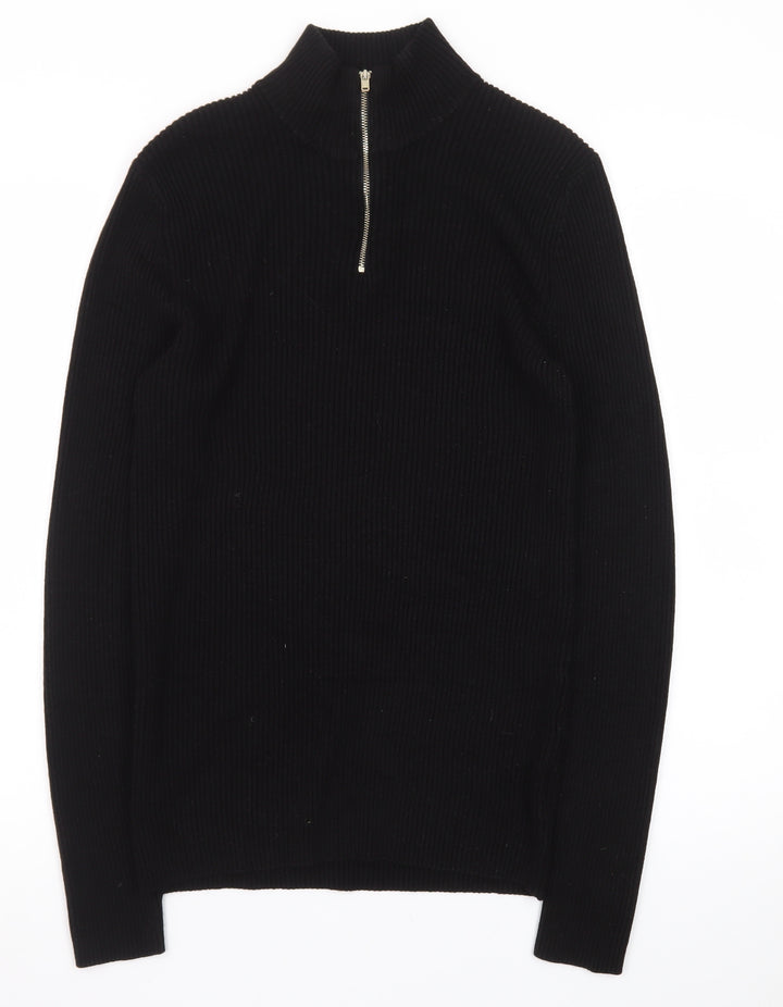 ASOS DESIGN Men's Black High Neck Half Zip Knit Jumper Size M