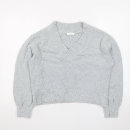 Marks and Spencer Women’s Grey V-Neck Fluffy Knit Pullover Jumper Size M
