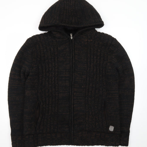 Cool Cat Men's Brown Full Zip Hooded Chunky Knit Jumper XXL