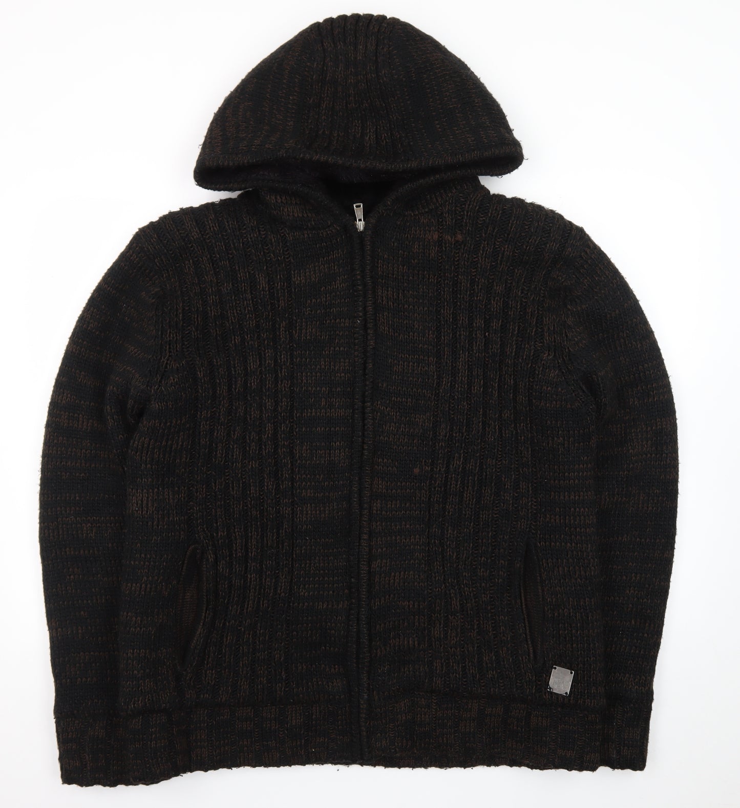 Cool Cat Men's Brown Full Zip Hooded Chunky Knit Jumper XXL
