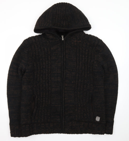Cool Cat Men's Brown Full Zip Hooded Chunky Knit Jumper XXL