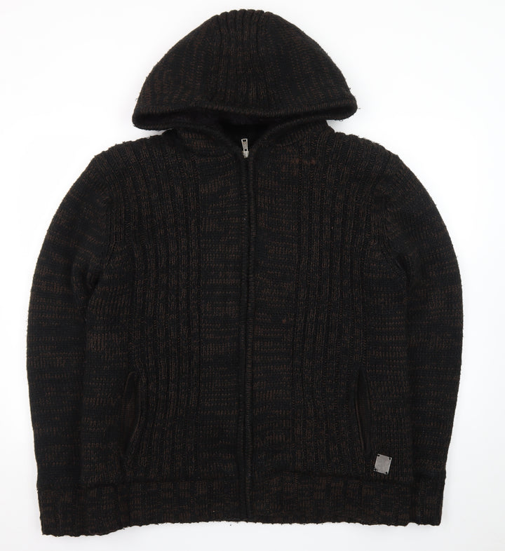 Cool Cat Men's Brown Full Zip Hooded Chunky Knit Jumper XXL