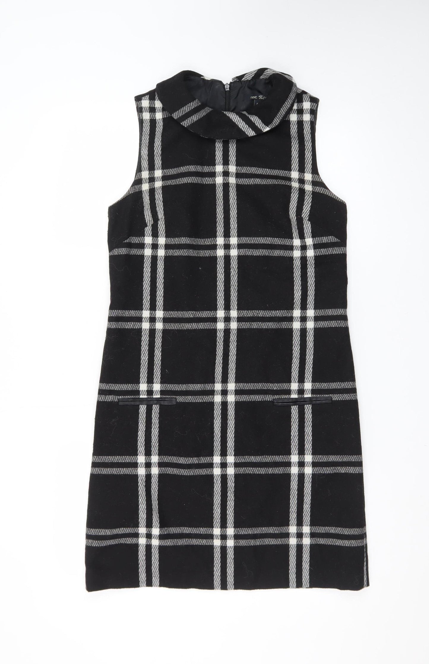 Next Women Black Check Wool Blend Sleeveless Shift Dress Size 8