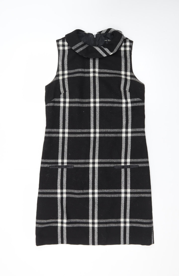 Next Women Black Check Wool Blend Sleeveless Shift Dress Size 8