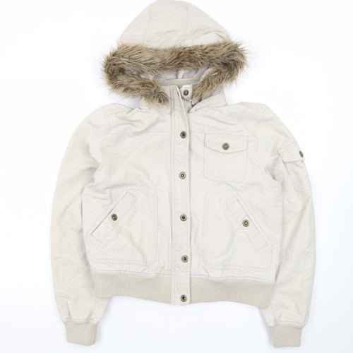 DNM Women's Beige Fur Trim Hooded Bomber Jacket Size 16