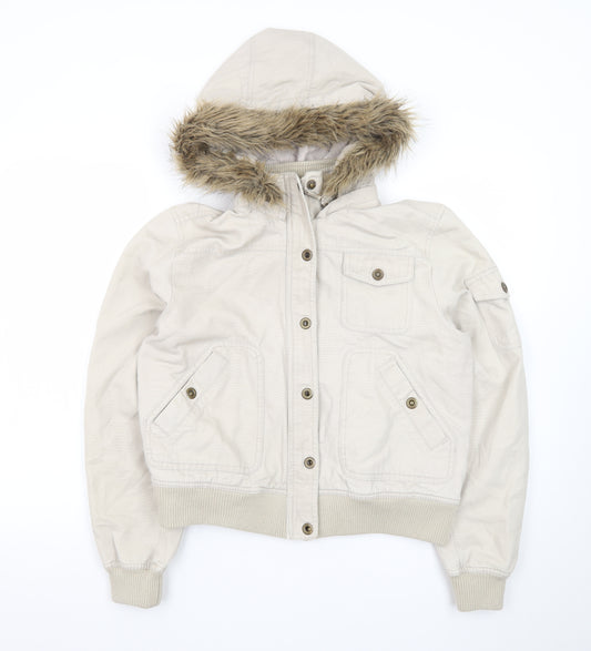 DNM Women's Beige Fur Trim Hooded Bomber Jacket Size 16