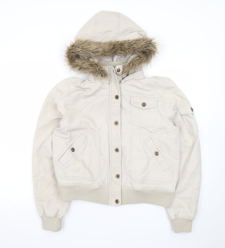 DNM Women's Beige Fur Trim Hooded Bomber Jacket Size 16