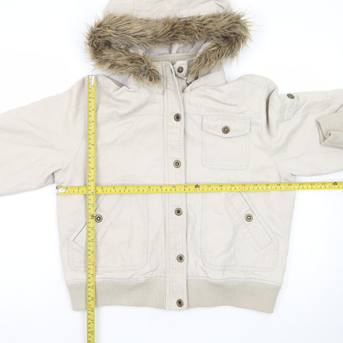 DNM Women's Beige Fur Trim Hooded Bomber Jacket Size 16
