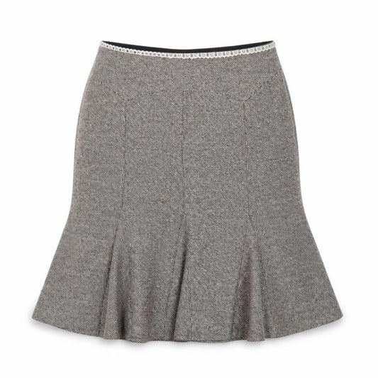 Front view of Oasis Women Brown Wool Tweed Flared Knee Length Skirt, size 14