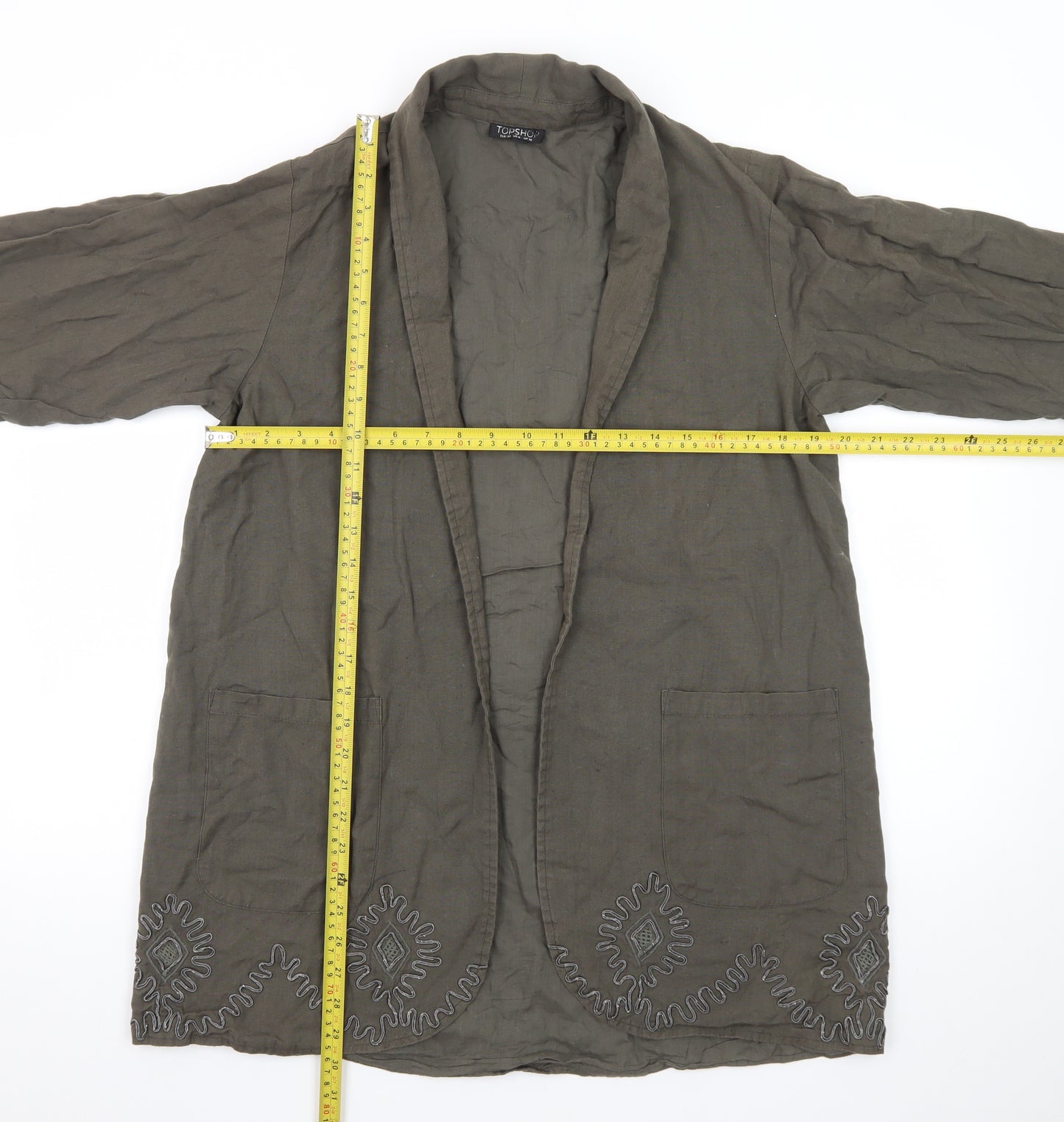 Topshop Women’s Green Linen Embroidered Kimono Jacket Size 10
